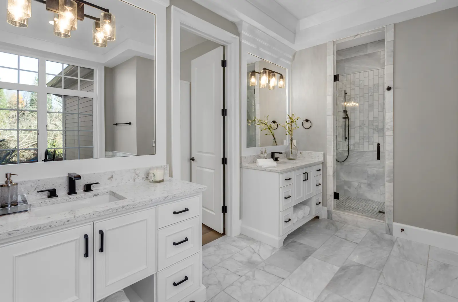 Primary bathroom remodel with walk-in shower and double vanity