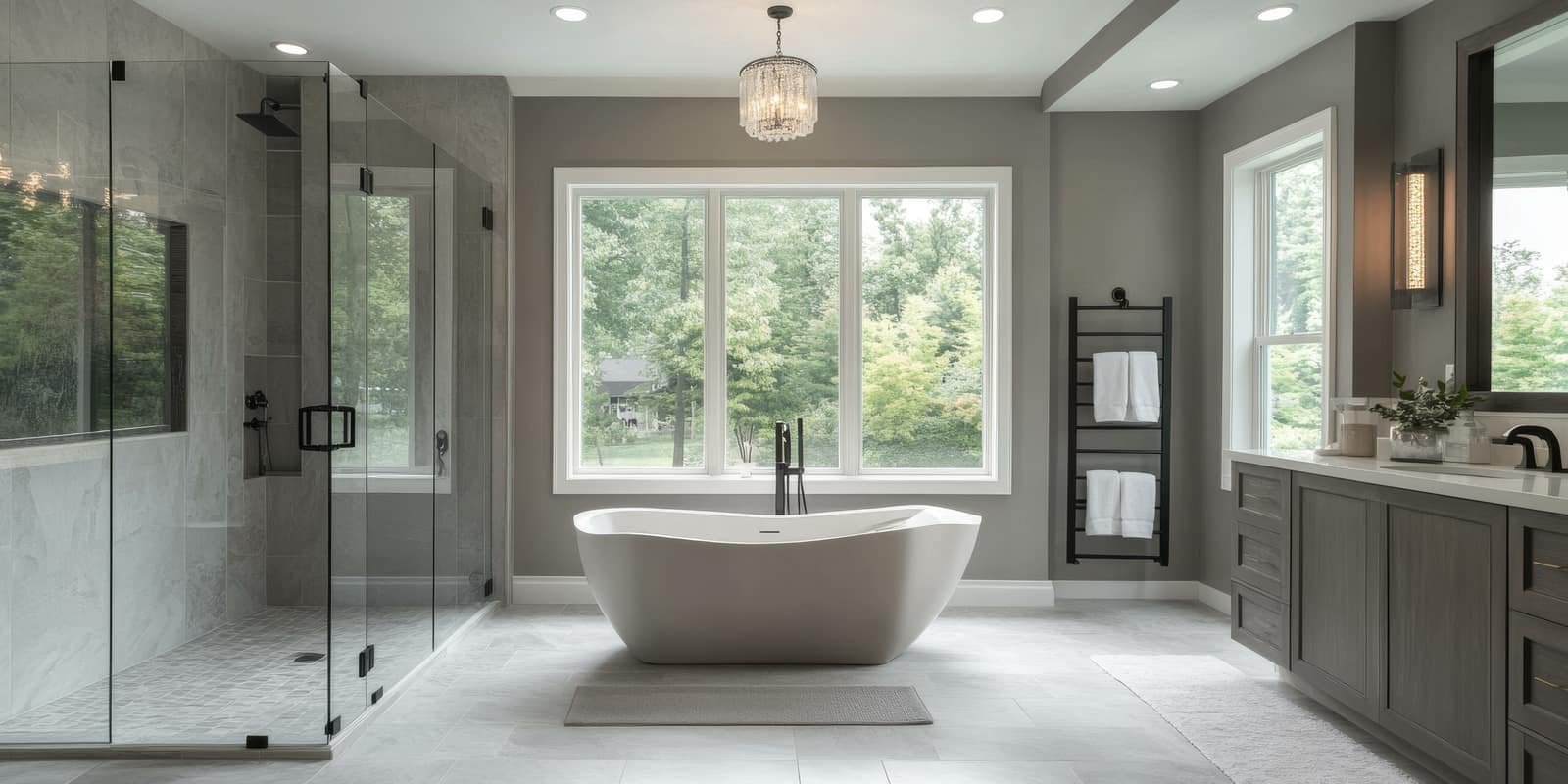Luxury bathroom renovation with freestanding soaking tub in front of a picture window