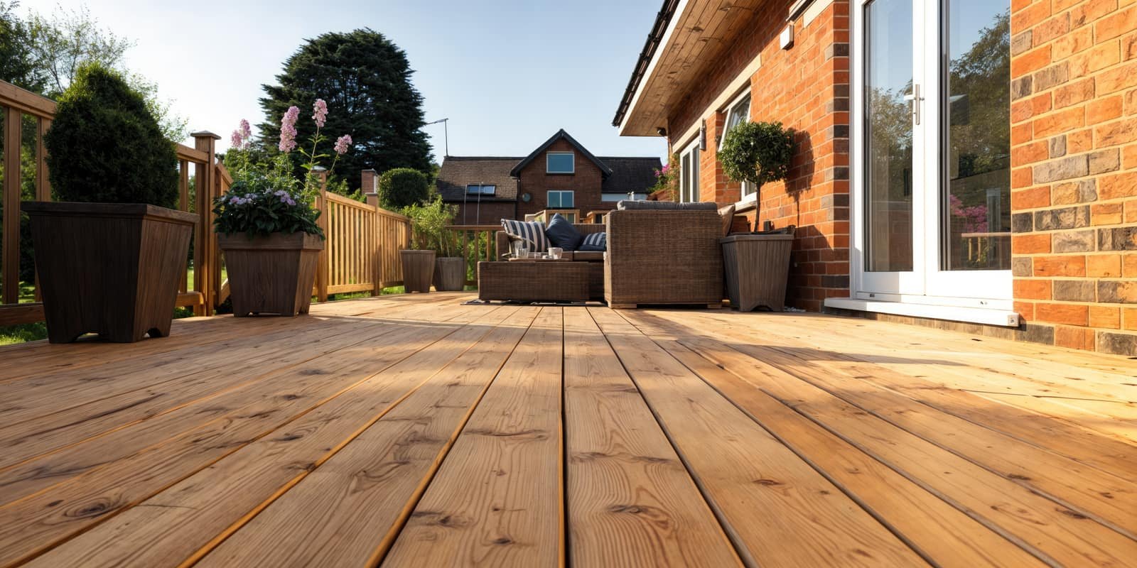 New cedar deck behind a brick home