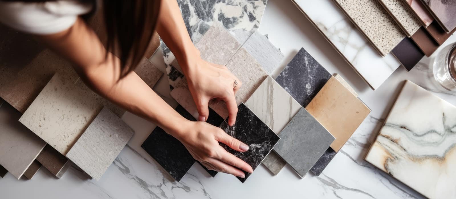 Hands comparing stone and tile samples over a plan