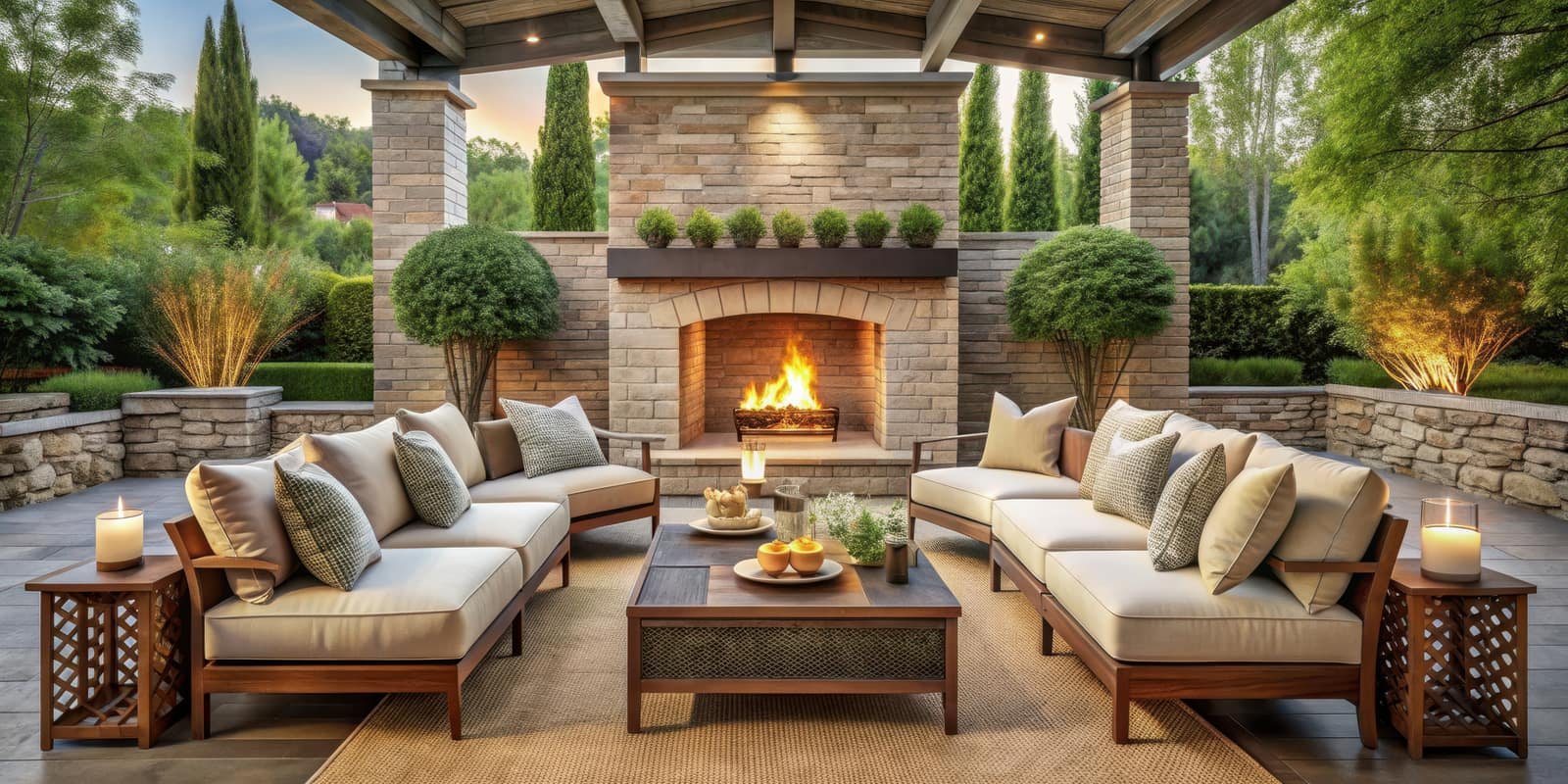 Covered patio with a stone fireplace and outdoor seating