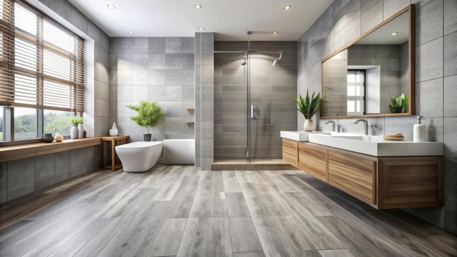 Wood-look tile floor in a remodeled bathroom
