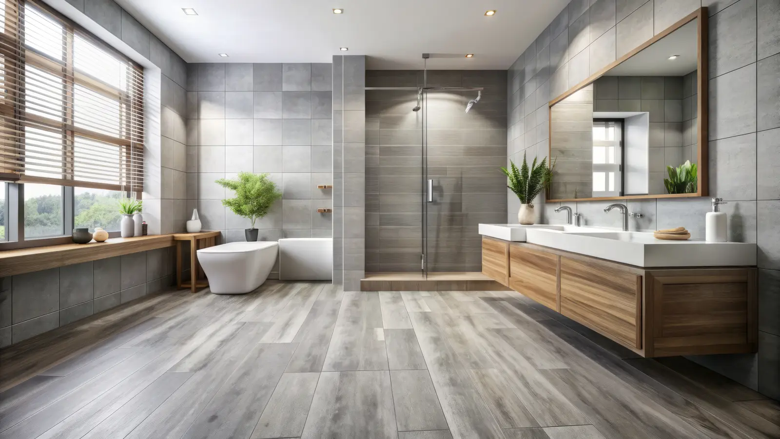 Wood-look tile floor in a remodeled bathroom
