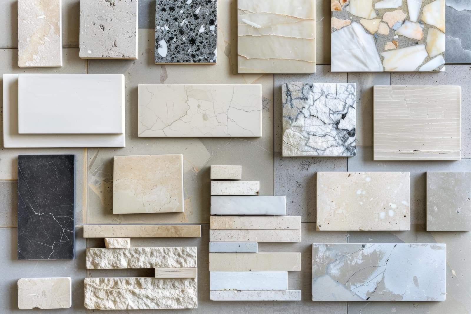 Stone, marble and tile samples laid out for selection