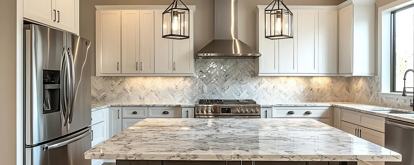 Remodeled kitchen with a marble island and pendant lights