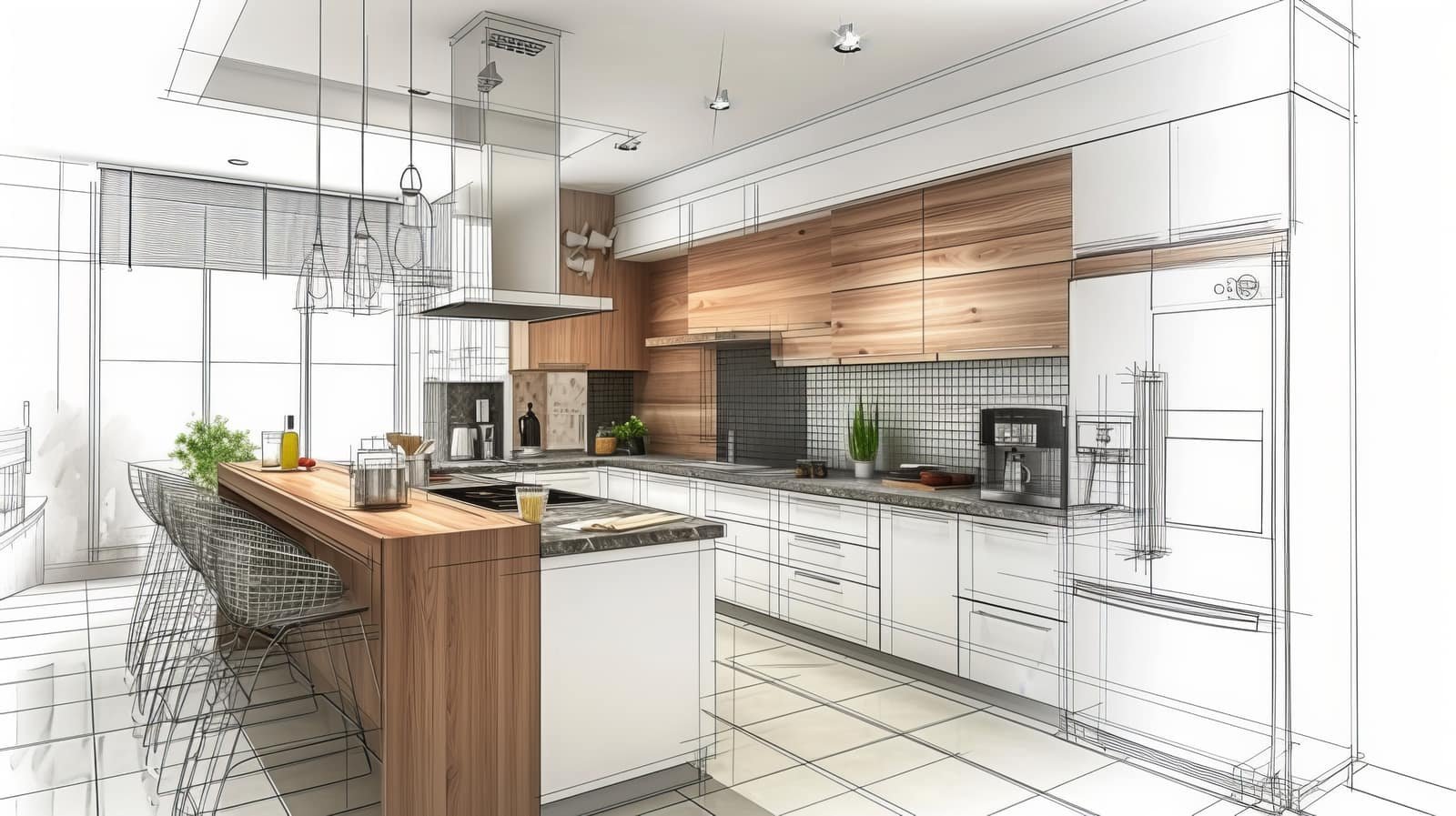 Kitchen design drawing blending into the finished kitchen