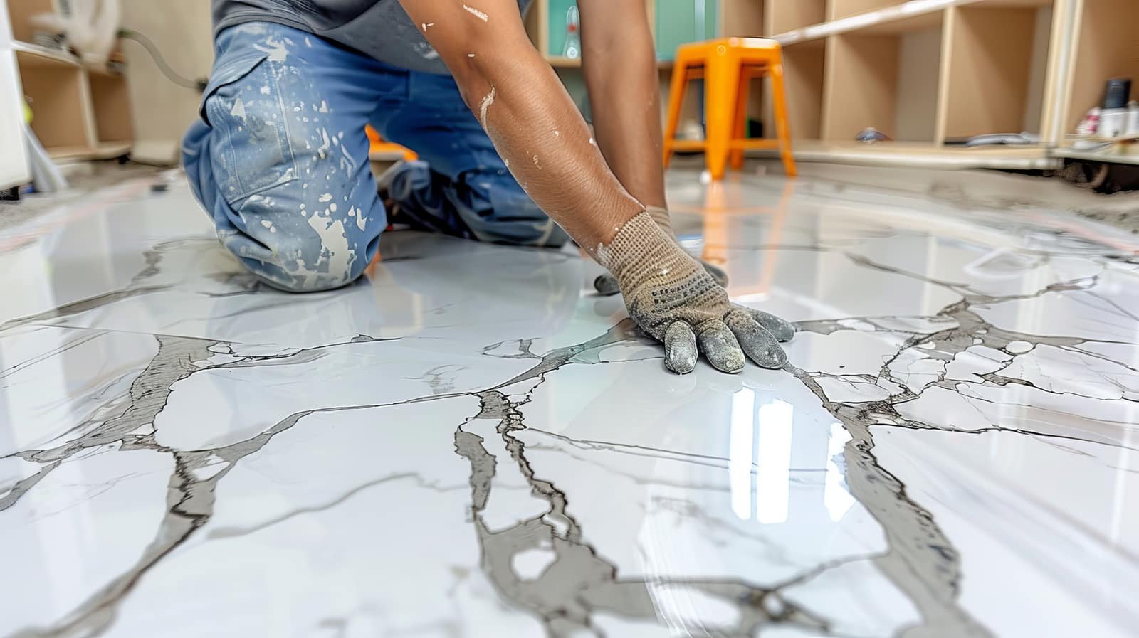 Installer setting large-format marble tile