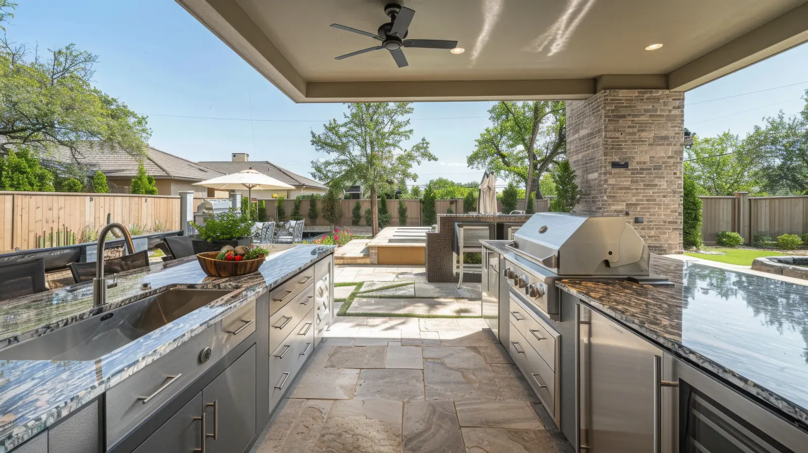 Covered outdoor kitchen with a grill and stone counters