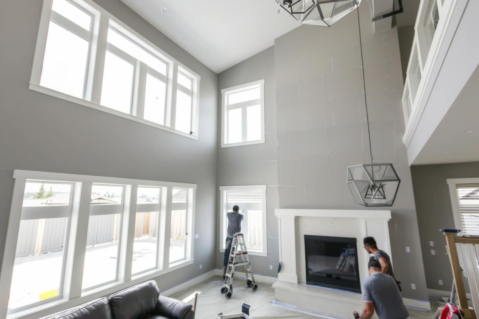 Painter working in a two-story living room