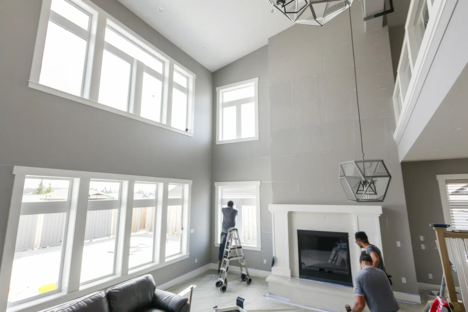 Interior painting of a two-story living room during a whole home renovation