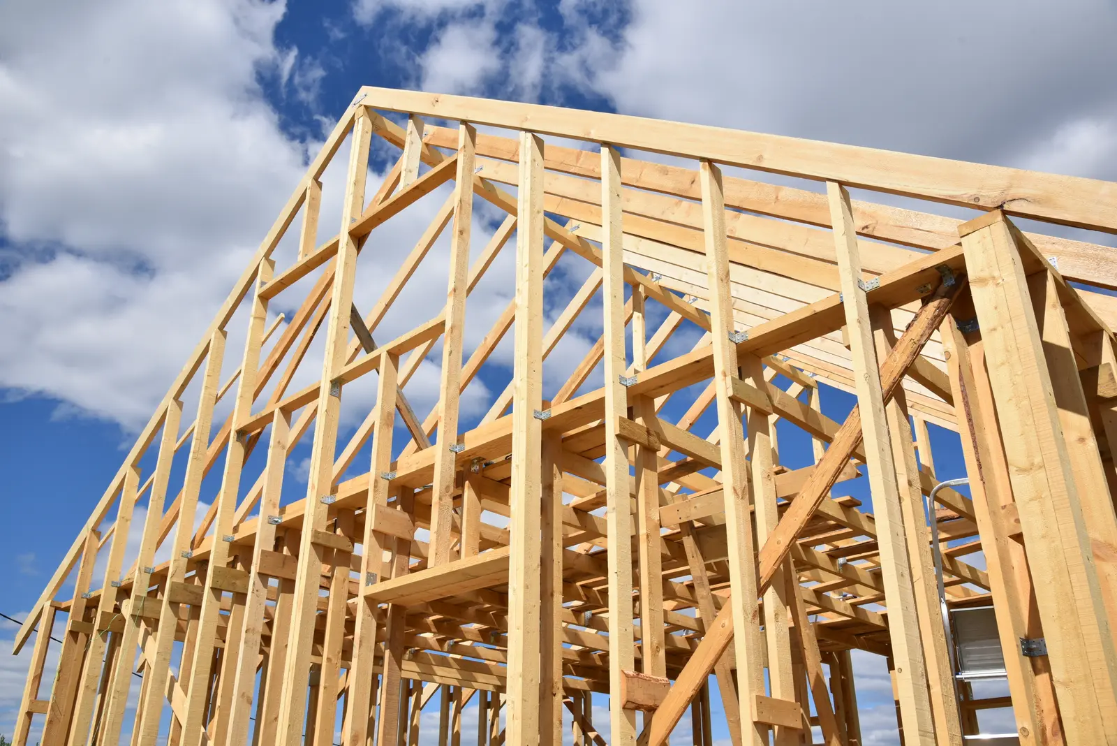 Framed walls and roof of a second-story addition